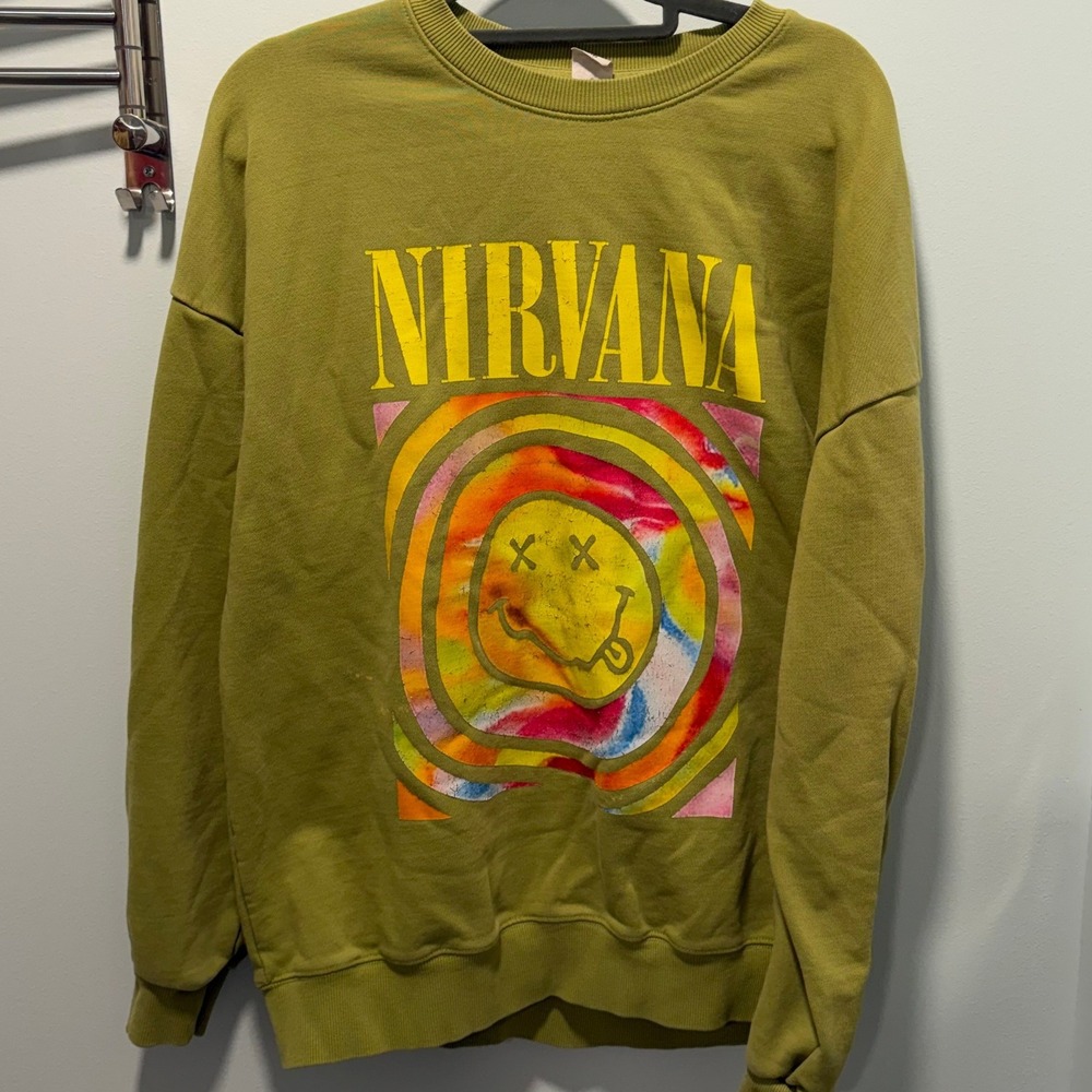 Nirvana Smiley Face Graphic Sweatshirt Olive Green Tie‎ Dye Grunge Cotton Top